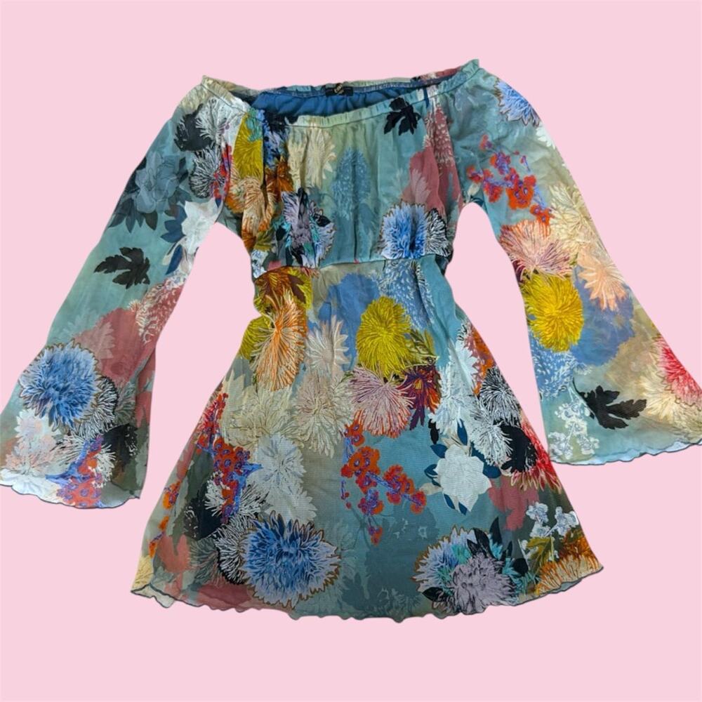 Italian floral mesh babydoll top with bell sleeves